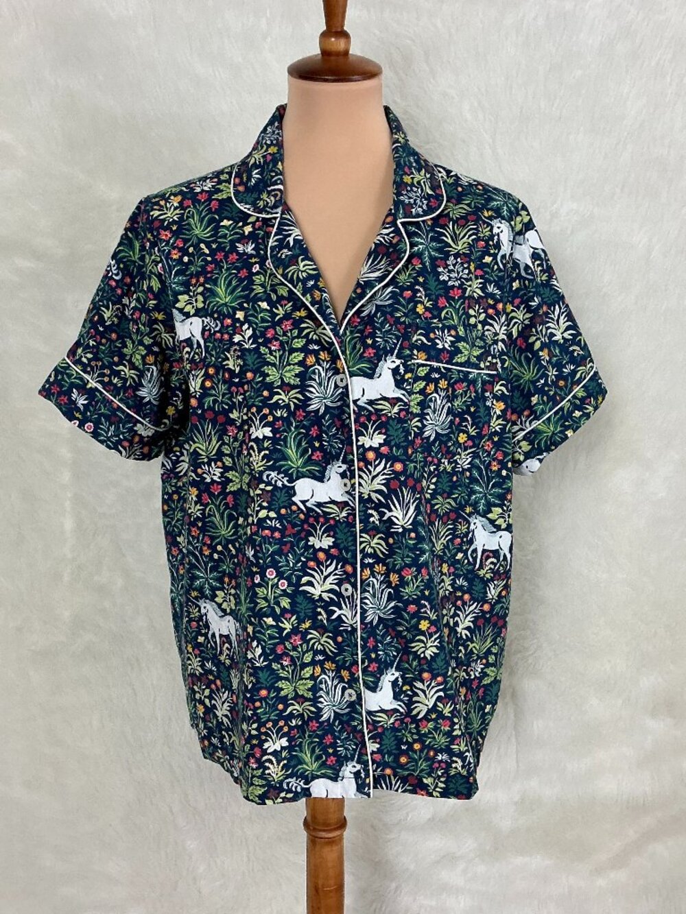Printfresh Blue Floral Unicorn's Garden Short Sleeve PJ Top L